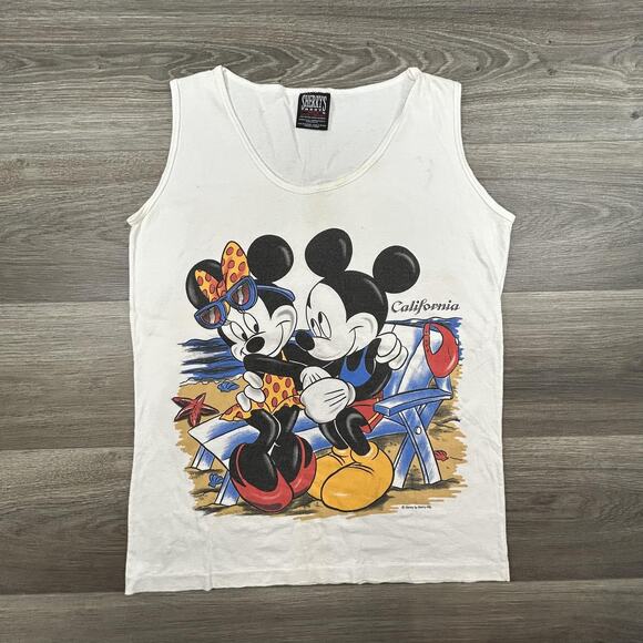 Vintage 90s Disney Mickey Minnie Mouse Beach Tank Top Shirt Mens Medium Sherry - Picture 1 of 6